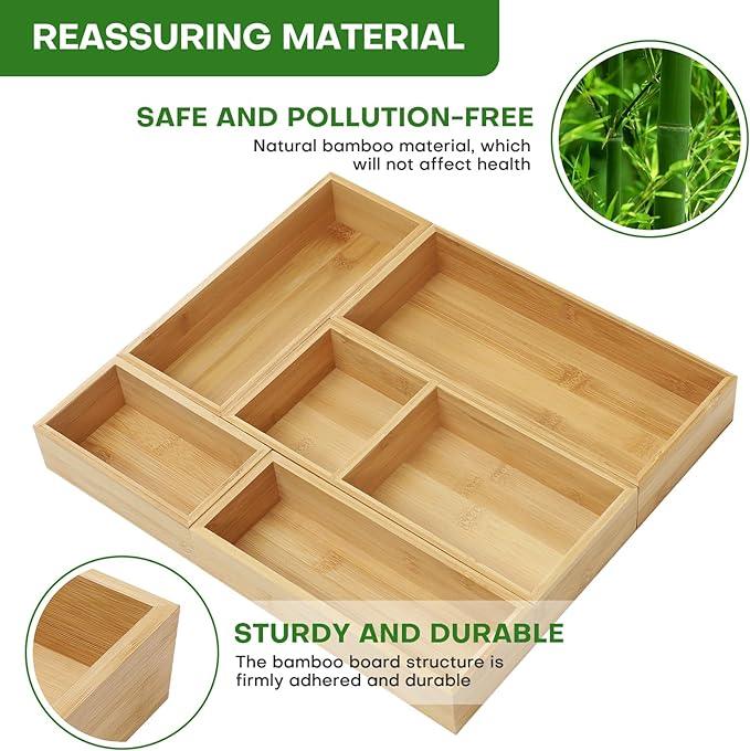 Bamboo Drawer Organizer Set, 5 PCS Multi-Use Individual Wood Storage Organizers, Junk Drawer Divider and Storage Trays Containers for Kitchen, Bathroom, Office Desk, Makeup, Jewelry, Utensils - ModernBath