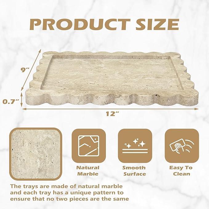 Prolee Scalloped Marble Tray,Marble Vanity Trays for Bathroom 12" x 9", Scalloped Tray,Wave Appearance Jewelry Home Decor Stone Trays for Kitchen Counter, Bathroom, Beige Travertine - ModernBath