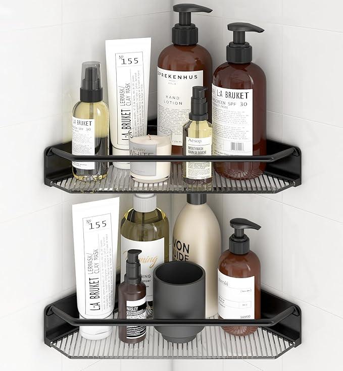 Corner Shower Caddy, 2 Pack Adhesive Bathroom Shelves，Acrylic Shower Shelf Rack, No Drilling Bathroom Organizers and Storage Racks,Black - ModernBath