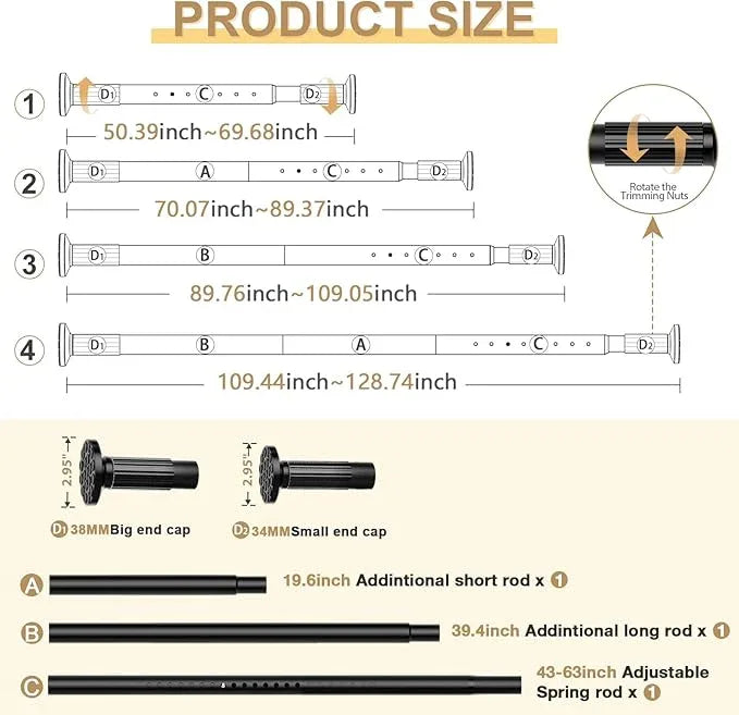 ZipGlo Tension Curtain Rod 51-128inch,Black Heavy Duty Curtain Rods No Drilling for Window or Bathroom,Shower Curtain Rods,Long Outdoor Curtain Rod for Patio,Rod Diameter 1.26 Inch - ModernBath