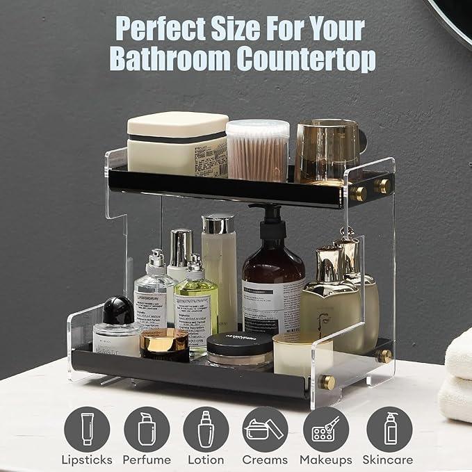 NEWRAIN 2-Tier Bathroom Organizer Countertop for Cosmetics, Makeup, Vanity Holder for Lipstick, Black Cabinet Storage - ModernBath