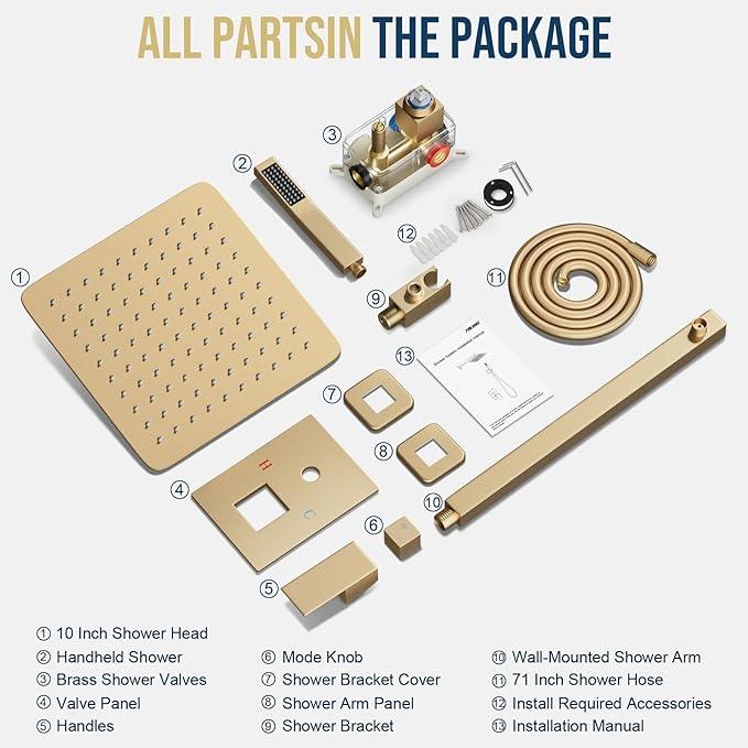 FPXRNG Gold Shower Faucet Set, Rainfall Shower System with Rain Shower Head and Handle Set, Wall Mounted Shower Fixtures, Full Metal Trim Repair Kit 12 inch Paint Gold (With Shower Valve) - ModernBath