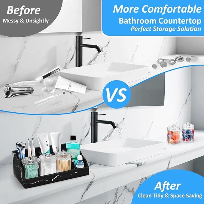 Marble Bathroom Countertop Organizer, Black Toothbrush Holders for Bathrooms Counter Organizer with 3PCS Qtip Dispenser, Toothbrush and Toothpaste Holder for Bathroom Organization Vanity Storage - ModernBath