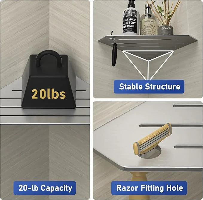 Corner Shower Shelves, Pentagonal Grout in Shelf w/Razor Holding Hole, 304 Stainless Steel Bathroom Shelf (Brushed) - ModernBath