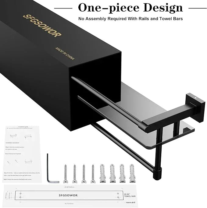 Glass Shelf for Bathroom 20 Inch Bathroom Shelves with Towel Bar Tempered Glass Shelves with Stainless Steel Towel Holder for Wall (All Matte Black) - ModernBath