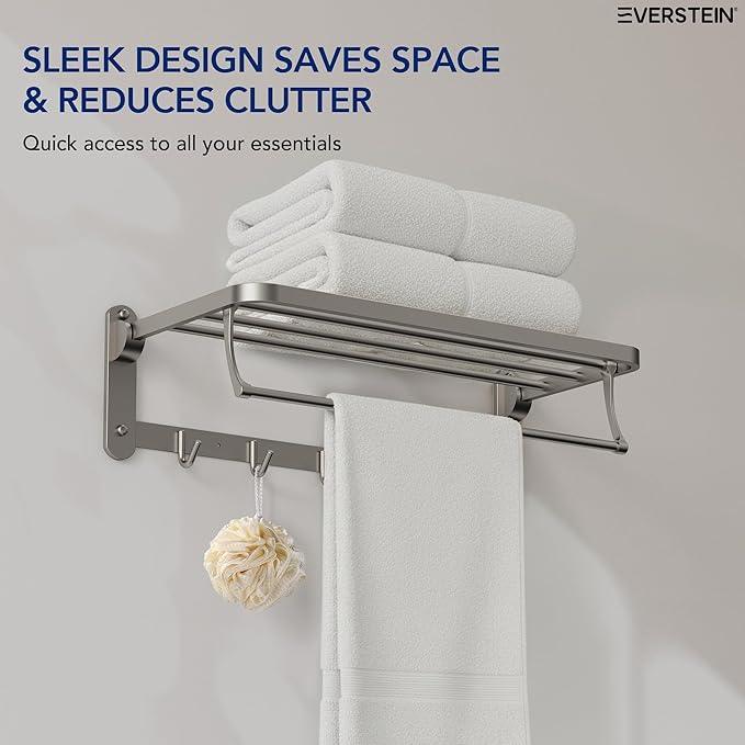 Bathroom Towel Rack with Storage Shelf and 5 Hooks, 23.6 in Foldable Towel Shelf Bar, Wall Mounted Lavatory Organizer,Brushed Nickel - ModernBath