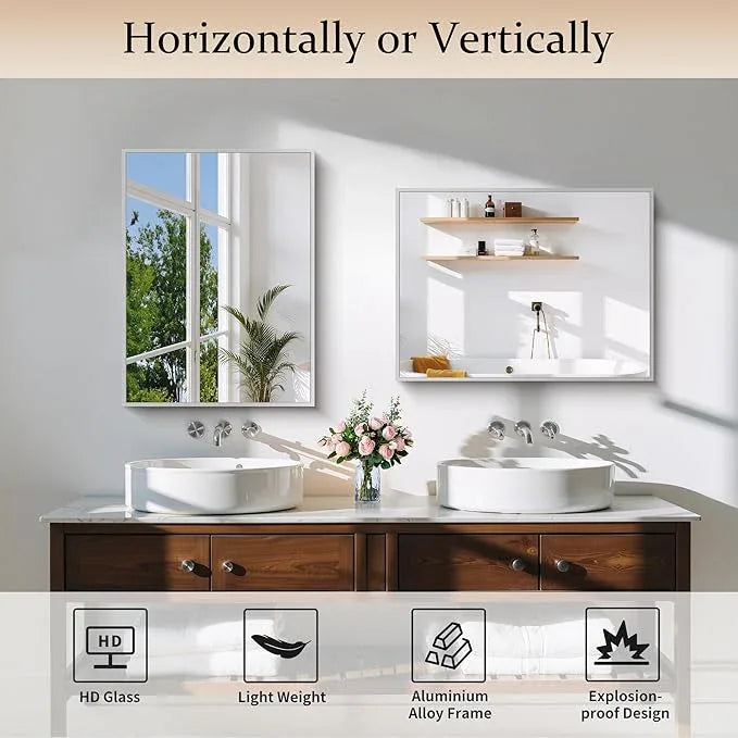 COFENY Silver Bathroom Mirror for Wall, 18x24 Inch Rectangle Mirror with Metal Frame, Modern Vanity Mirrors for Bathroom Living Room, Entryway Hangs Horizontal or Vertical - ModernBath