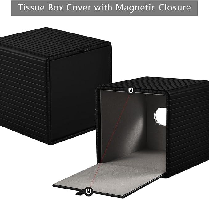 XNONE PU Leather Tissue Box Cover Square Tissue Box Holder for Bathroom Vanity Countertop Night Stands Bedroom Office Desk,Modern Tissue Decorative Organizer with Magnetic Closure (Black) - ModernBath
