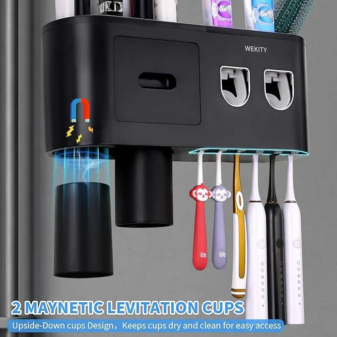 Multifunctional Wall-Mounted Toothbrush Holder, Automatic Toothpaste Dispenser Space Saving Toothbrush and Toothpaste Holder, with 2 Cups and Drawers Cosmetic Organizer (Black 2 Dispensers) - ModernBath