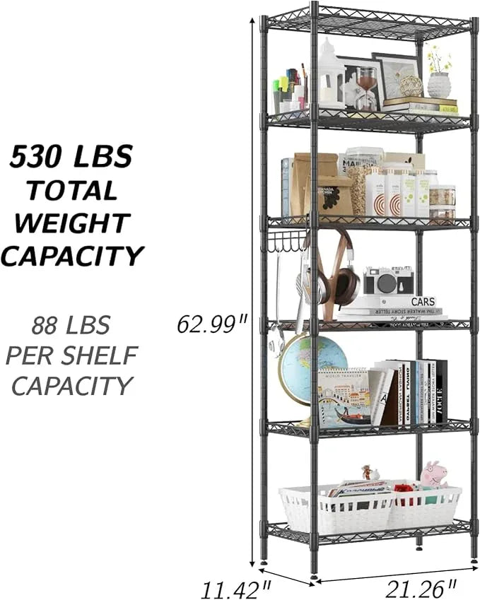 Homdox 6-Tier Storage Shelf Wire Shelving Unit Free Standing Rack Organization Adjustable Leveling Feet, Stainless Side Hooks, Black - ModernBath