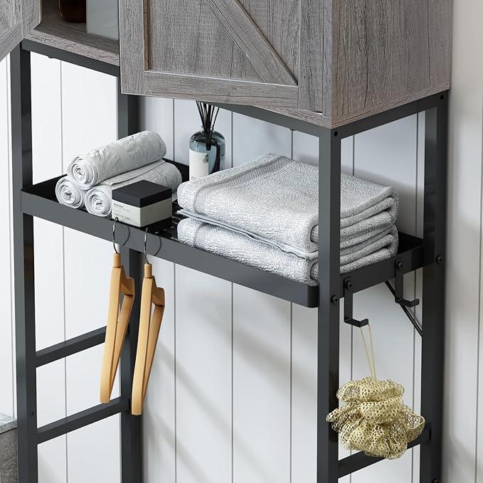 Over The Toilet Storage Cabinet, Bathroom Above Toilet Cabinet Organizer with Doors and Adjustable Shelves, Bathroom Shelf Organizer with Anti-Tip Device & Drain Rack, Grey - ModernBath