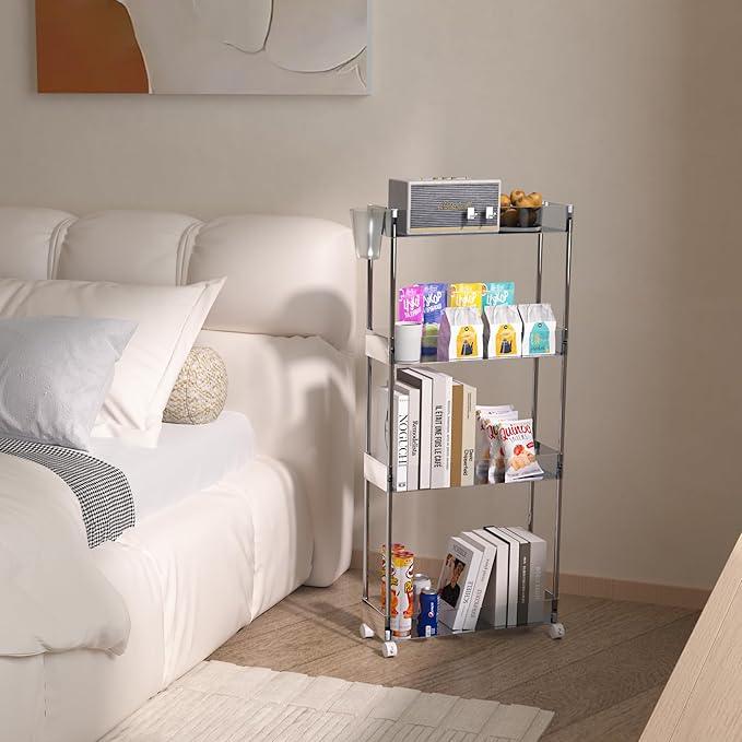 VECELO Acrylic 4-Tier Rolling Cart, Slim Utility Cart for Storage, Mobile Storage Cart with Lockable Wheels Hooks&Bucket for Office,Kitchen,Laundry Room Bathroom Living Room, Clear - ModernBath