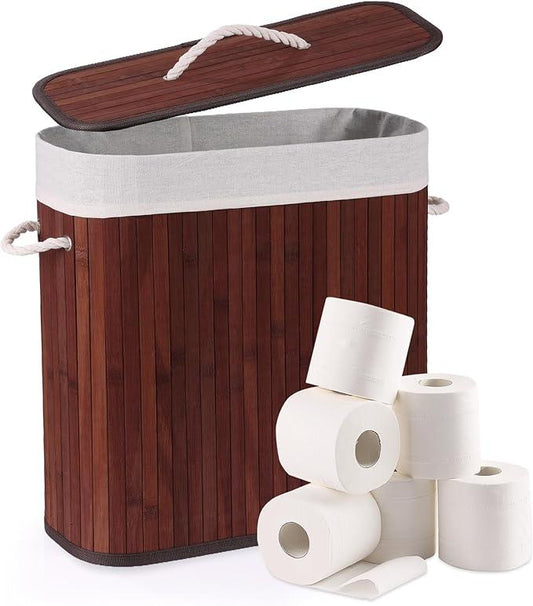 Bamboo Toilet Paper Storage with Lid & Handel, 8 Gallons (30L), Sturdy Toilet Paper Basket, Organizer for Bathroom, Kitchen, Holder with Storage, Brown - ModernBath