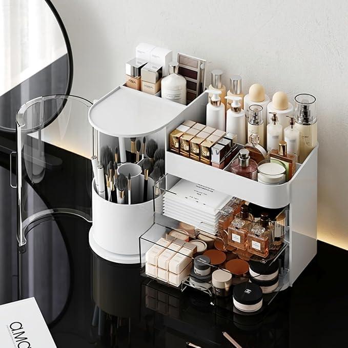 Makeup Organizer with Rotating Brush Holder Cosmetic Organizer with Drawers Countertop Skincare Organizer for Vanity,Cosmetic Display Case Storage (White, Large) - ModernBath