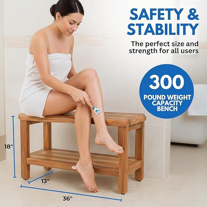 EcoDecors Teak Shower Bench with Large Storage Shelf 36", 300 lb Capacity – Waterproof Bathroom Seat with Non-Slip Feet, Elegant Natural Teak Finish, Ideal for Adults, Seniors, & Spa-Style Bathrooms - ModernBath