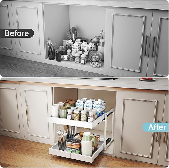 Golener 2-Tier Expandable Pull Out Cabinet Organizer - Slide Out Drawers for Kitchen Cabinets, Bathroom Organizers and Storage, Under Sink Organizer for Kitchen Storage Organization, White Metal Frame - ModernBath