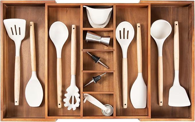 KitchenEdge Adjustable Kitchen Drawer Organizer for Utensils and Junk, Food-Safe Contract Grade with 100% Sustainable Wood, Non-Slip, Expandable from 16" to 28" Wide - Natural Acacia - ModernBath