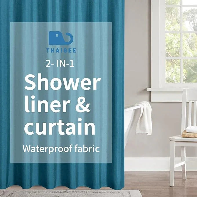 THAIGEE 2-in-1 Waterproof Fabric Shower Curtain or Liner,Linen Textured,Breathable TPU & Washable Bathroom Shower Curtain Set with 12 Plastic Hooks,Modern,72"x72" Oceanblue - ModernBath