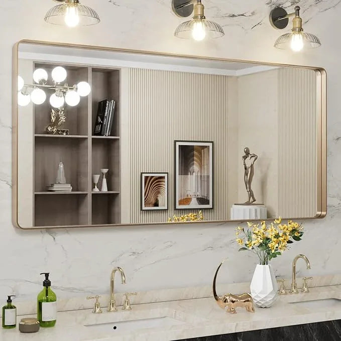 LOAAO 60”X28” Gold Bathroom Mirror, Rounded Rectangle Gold Frame Mirror, Brushed Gold Bathroom Vanity Mirror Wall-Mounted, Anti-Rust, Tempered Glass, Hangs Horizontally or Vertically - ModernBath