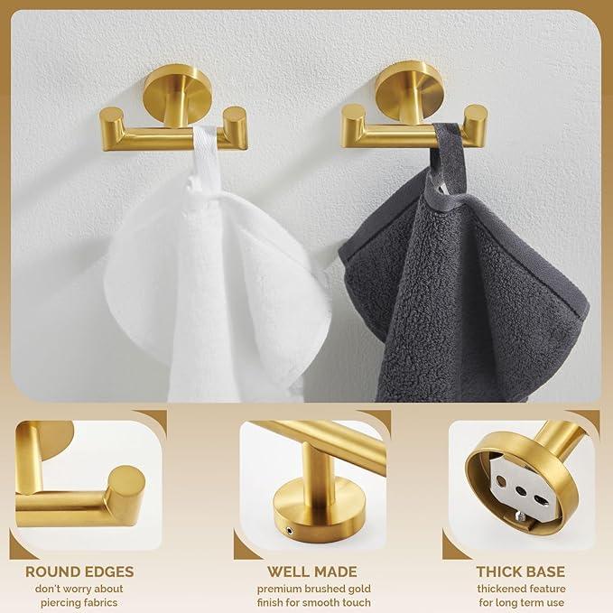 Angle Simple Towel Double Hook Brassy Gold 2 PCS, SUS304 Stainless Steel Bathroom Hand Towel Holder, Double Robe Hook, Wall Mount - ModernBath