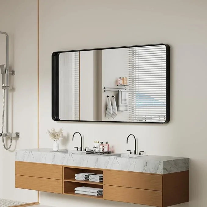 Koonmi Black Bathroom Mirror for Wall, 30x60 Inch Matte Metal Deep Framed Rounded Corner Wall Mirror, Shatterproof Tempered Glass for Farmhouse Bedroom Entryway, Vertically or Horizontally - ModernBath