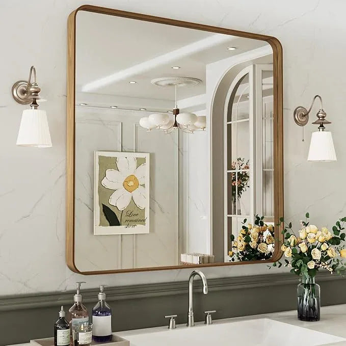 LOAAO 30X30 Bathroom Mirror with Wood Grain Colored Metal Frame, Rounded Rectangle Metal Framed Bathroom Mirror, Anti-Rust, Hangs Horizontally or Vertically - ModernBath