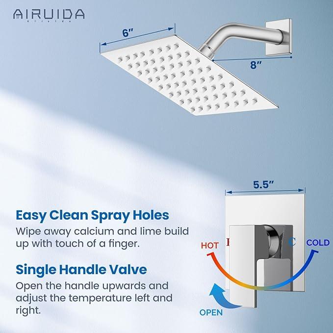 Airuida Shower Faucet Set Bathroom Rain Shower System SUS304 Stainless Steel Single Handle With Male Threads Rough-in Valve Shower Trim Kit 6 Inch Wall Mount Shower Head Chrome Polish - ModernBath