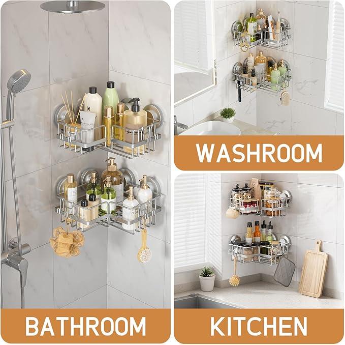 LEVERLOC Corner-adaptive Suction Cup Shower Caddies 2 Pack, Stainless Steel Rustproof Corner Shower Shelf, Large Capacity Removable Suction Cup Bathroom Organizer, Drill-Free Wall Mounted Basket, Gray - ModernBath