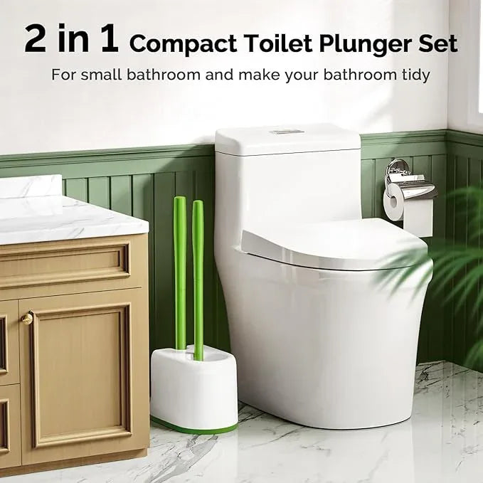 HAMITOR Toilet Plunger Bowl Brush Combo：Heavy Duty Rubber for Drain Clog Remover - Curved Design Bristles for Deep Cleaning Under Rim - Compact Bathroom Cleaning Tools for New Homet Essentials-Green - ModernBath