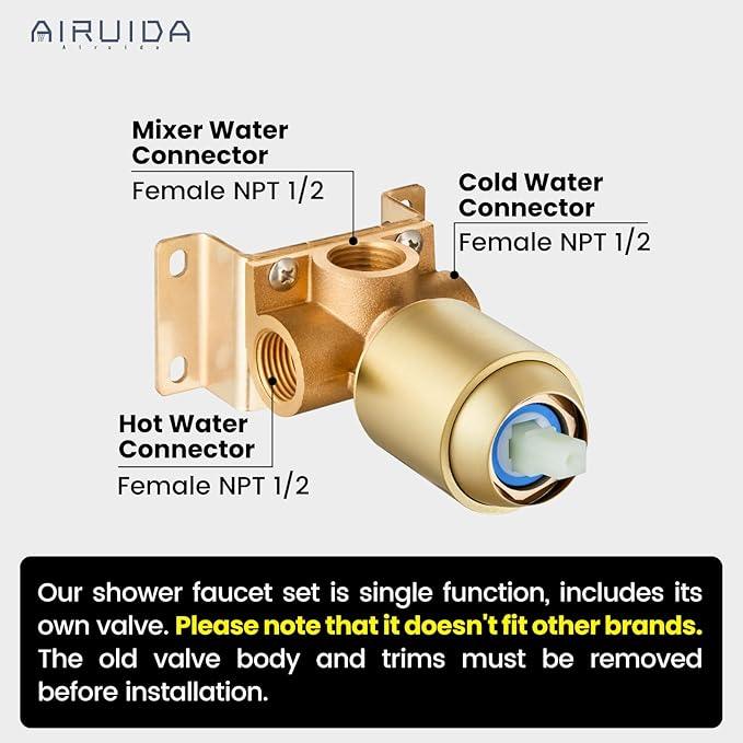 Airuida Shower Faucet Set Bathroom Rain Shower System 8 Inch Square Showerhead Single Function 1 Handle Trim Kit with Female Thread Rough-in Valve Cover Plate with H and C Labels Brushed Gold - ModernBath