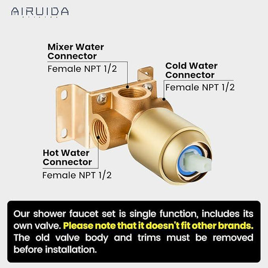 Airuida Shower Faucet Set Bathroom Rain Shower System 8 Inch Square Showerhead Single Function 1 Handle Trim Kit with Female Thread Rough-in Valve Cover Plate with H and C Labels Brushed Gold - ModernBath