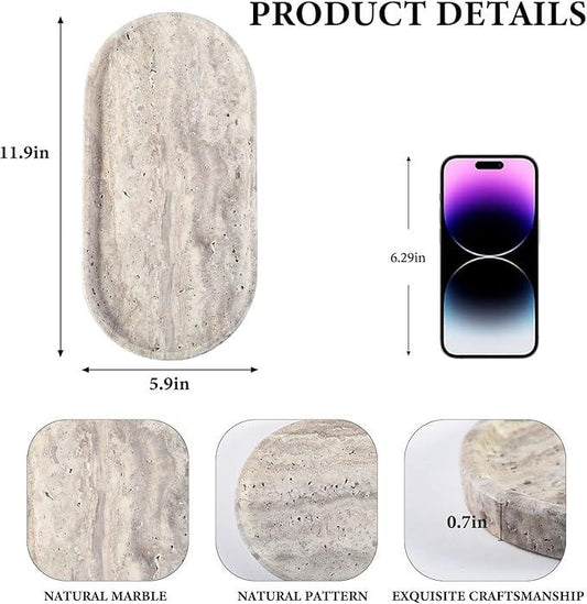 Koville Natural Travertine Tray for Bathroom Countertop, 12"x6" Vanity Decorative Marble Tray for Perfume, Candles, Jewelry, Stone Catchall Trays Jewelry Dish, Silver Stone Trays for Kitchen Counter - ModernBath