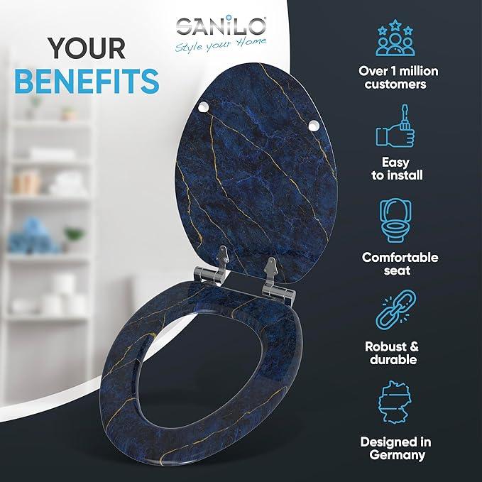 SANILO Wooden Toilet Seat with Soft Close [ELONGATED] - Decorative, Quiet & Slow Close Molded Wood Seat - With Strong Bumpers & Hinges - Adjustable Fit - Marble Dark Blue - ModernBath
