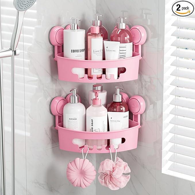 TAILI Suction Corner Shower Caddy, Bathroom Shelf Storage Basket Wall Mounted Organizer for Shampoo, Conditioner, Plastic Rack for Kitchen and Bathroom, Drill-Free Removable (2 Pack)-PINK - ModernBath