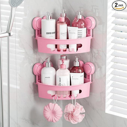 TAILI Suction Corner Shower Caddy, Bathroom Shelf Storage Basket Wall Mounted Organizer for Shampoo, Conditioner, Plastic Rack for Kitchen and Bathroom, Drill-Free Removable (2 Pack)-PINK - ModernBath