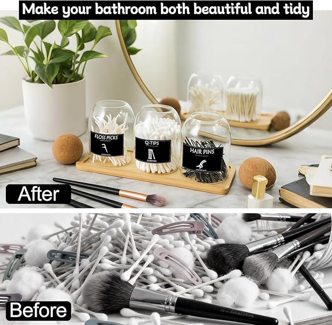 3PCS Qtip Holder for Bathroom Set, 17oz Glass Apothecary Jars with Cork Lids and Tray, Cotton Ball and Swab Holder, Bathroom Containers Organizers and Storage with 9 Labels - ModernBath