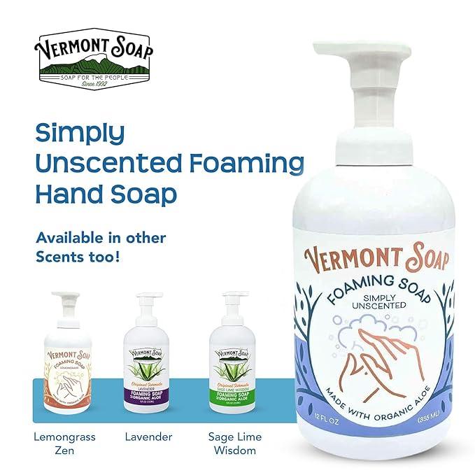 VERMONT SOAP Organic Unscented Foaming Hand Soap - Natural Moisturizing Soap for Dry Skin - Fragrance Free Liquid Bathroom Hand Soap Dispenser - Simply Unscented - 12 oz - ModernBath