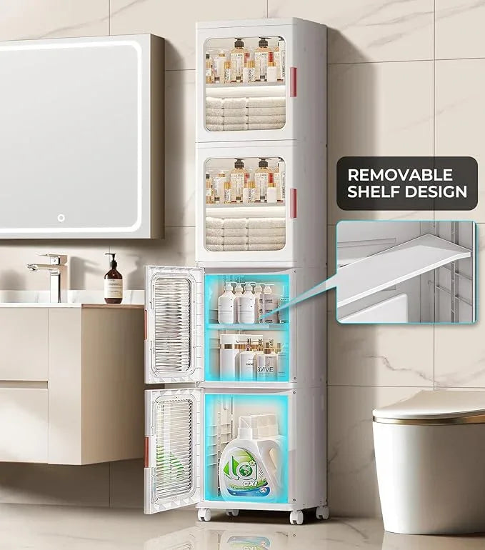 4-Tier Tall Narrow Bathroom Storage Cabinet with Doors and Adjustable Shelves Slim Foldable Cabinets with Wheels Small Spaces Plastic Organizers for Kitchen Laundry Room Bedroom Pantry,White - ModernBath