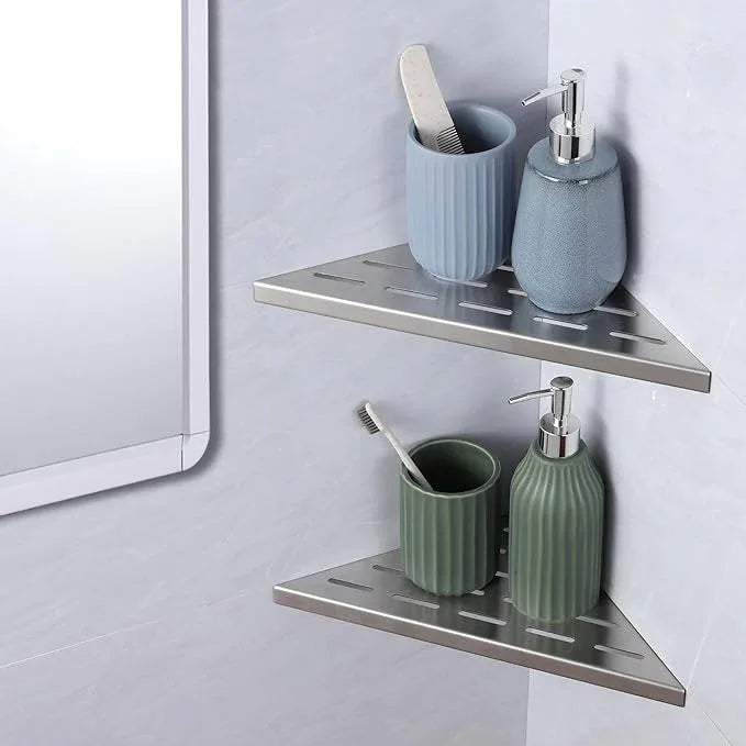 10" Corner Shower Shelf, 2-Pack Bathroom Shelves for Tile Walls, SUS304 Stainless Steel Recessed Shower Shelf, Grout in Corner Organizer Shelves, Brushed Silver - ModernBath