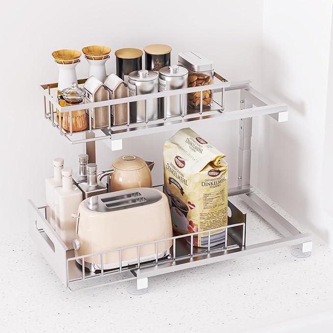 2 Pack Under Sink Organizer, Heavy Duty Meta Slide Out Sink Shelf Organizer Height Adjustable, Multi-Purpose Storage Shelf for Kitchen Bathroom (Silver,2Pack) - ModernBath