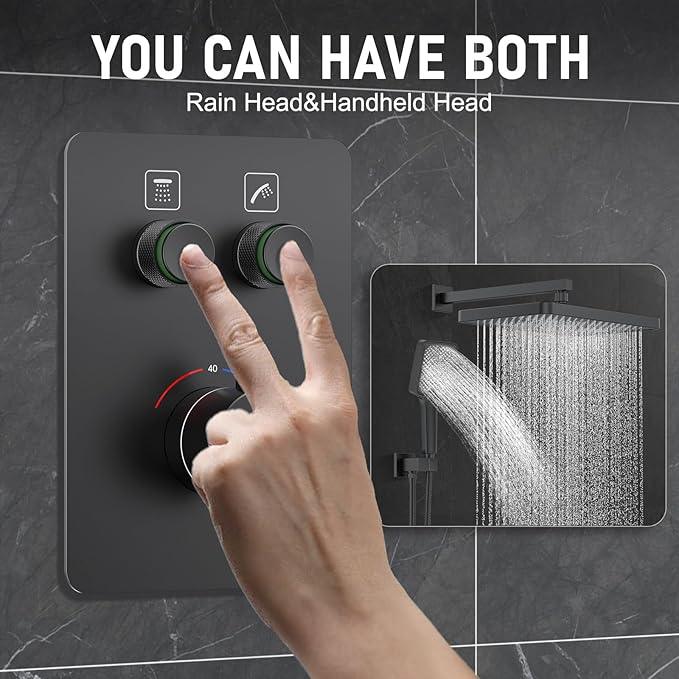 Thermostatic Shower System 13-Inch Rainfall Shower Head - 3 Setting Handheld Sprayer, Complete Bathroom Set with Faucet Mixer Trim Kit & Valve Matte Black - ModernBath
