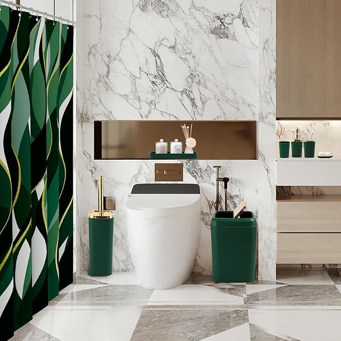 XLHOMO Green Bathroom Set, Bathroom Sets with Stripe Shower Curtain, Green and Gold Bathroom Accessories with Trash Can, Soap Dispenser, Soap Dish, Toilet Brush Holder, Qtip Holders for Bathroom - ModernBath