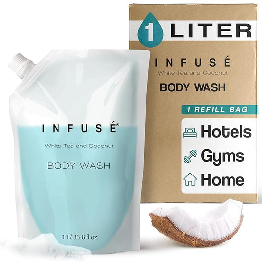 INFUSÉ 1 Liter Body Wash Refill Bag For Soap Dispensers | Bulk Toiletries for Vacation Rentals, and Home Bathroom Showers | White Tea and Coconut | Single