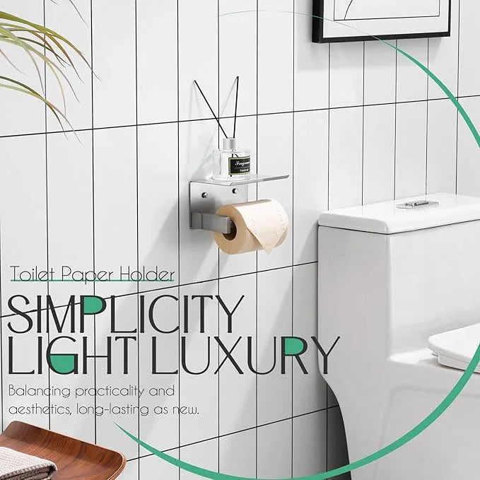 KOKOSIRI Roll Paper Holder Spring Loaded Bathroom Toilet Paper Holder Tissue Paper Holder with Shelf Wall Mounted Stainless Steel Brushed Nickel B2012BR - ModernBath