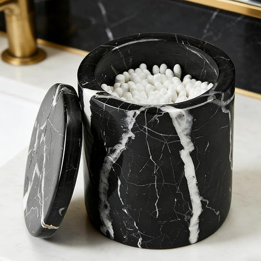 Black Marble Canister with Lid, Natural Marble Bathroom Qtip Holder Storage, 3.75 Inch Dia x 4.5 Inch Ht High Capacity Damp Proof Container for Cotton Swabs, Jewery