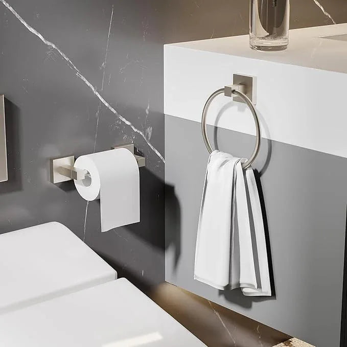 Ruacq Brushed Nickel Toilet Paper Holder Towel Ring Bathroom Accessories Hardware Set Double Post Pivoting Toilet Roll Holder Square Stainless Steel and Zinc Alloy Modern Wall Mounted 2 Pieces - ModernBath