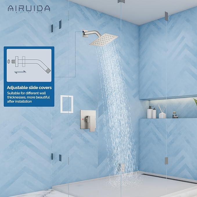 Airuida Shower Faucet Set Bathroom Rain Shower System SUS304 Stainless Steel Single Handle With Male Threads Rough-in Valve Shower Trim Kit 4 Inch Wall Mount Shower Head Brushed Nickel - ModernBath