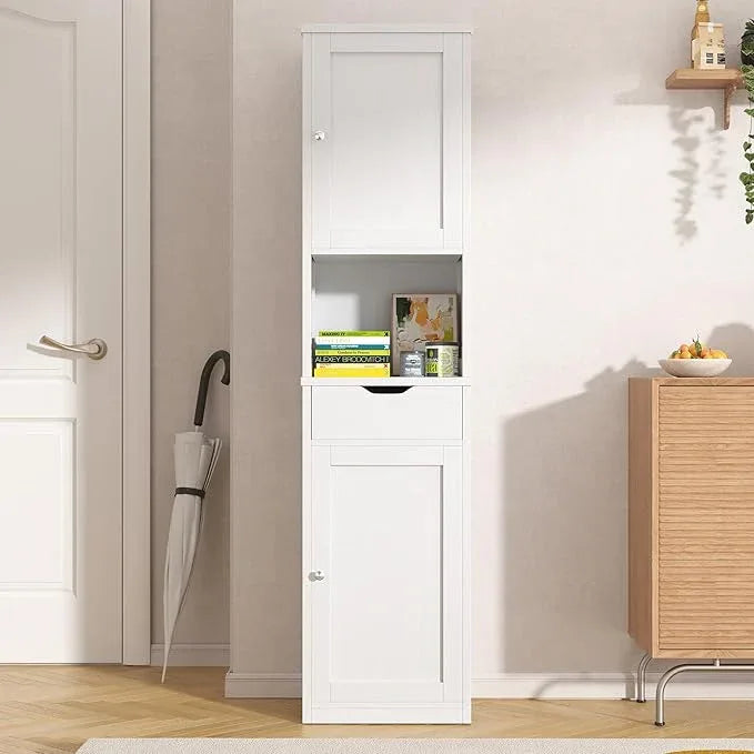 Vongrasig Tall Bathroom Storage Cabinet, 64”H Narrow Storage Unit for Small Spaces, Freestanding Modern Cabinet with Adjustable Shelves for Bathroom, Living Room, Kitchen, White - ModernBath