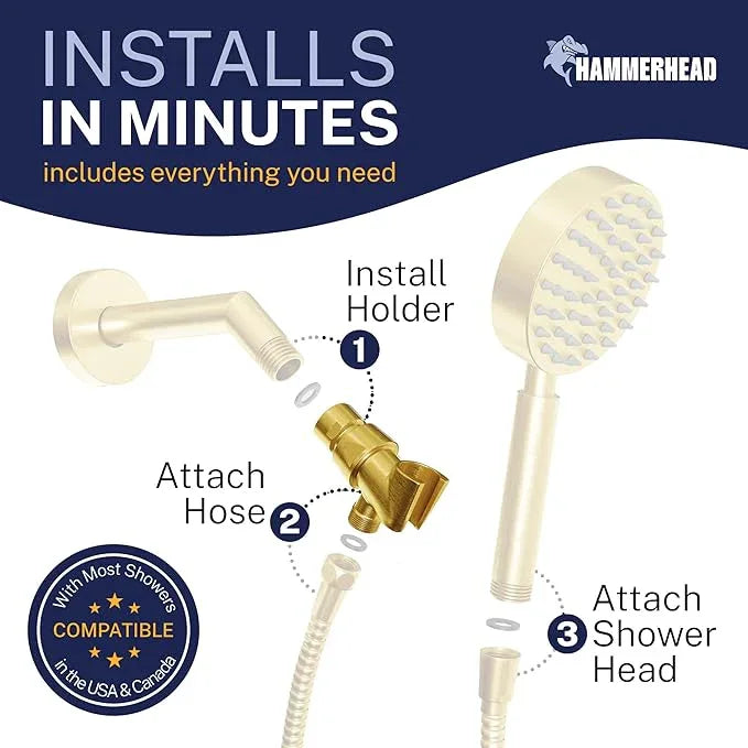 HammerHead Showers Solid Metal Handheld Showerhead Holder, Adjustable Wand Holder with Universal Wall Hook Bracket and Brass Pivot Ball, Brushed Gold - ModernBath