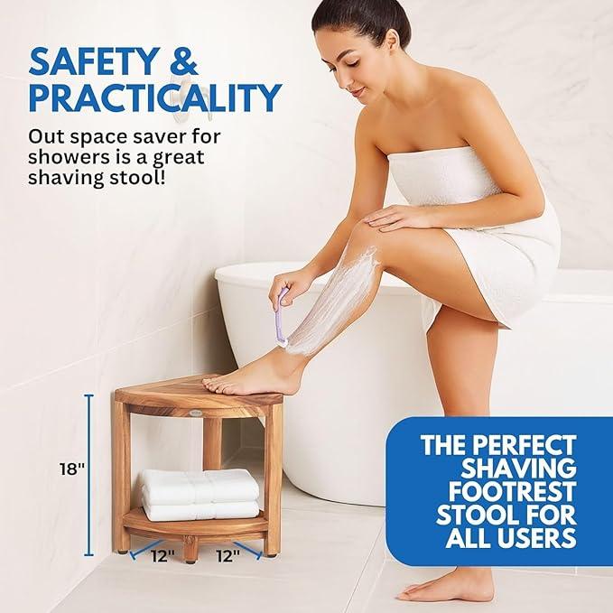 EcoDecors Fully Assembled SnazzyCorner® 18" Teak Shower Bench, Corner Shower Stool, w Shelf in Earthy Teak Finish, Compact Fit for Small Bathrooms & Walk-in Showers – Slip-Resistant Feet, Sauna Bench - ModernBath